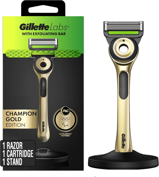 GilletteLabs with Exfoliating Bar Razor for Men, Champion Silver Edition - 1 Handle, 1 Razor Blade Refill, Includes Premium Magnetic Stand